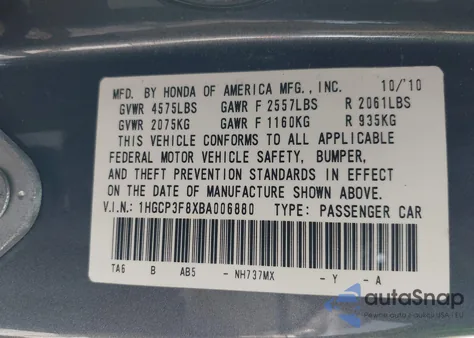 2011 Honda Accord 3.5 Ex-L from USA, damaged, VIN 1HGCP3F8XBA006880